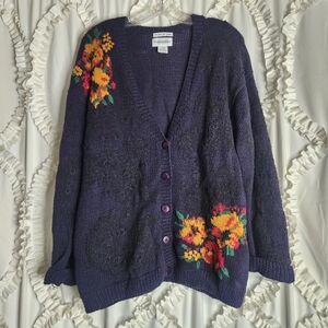 Vintage IZOD International Hand Knit Sweater Cotton Floral Blue Size Medium